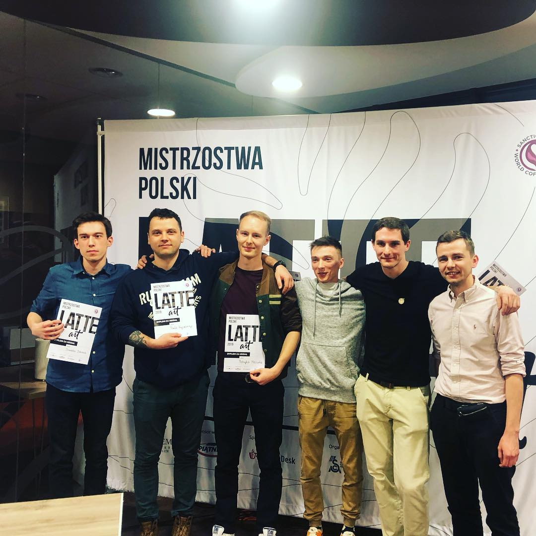 Mistrzostwa Polski Latte art 2019 Dominik Dobosz, Mateusz Dąbek, Marek Witak, Grzegorz Cieślak, Patryk Mazurek, Paweł Krysiński.